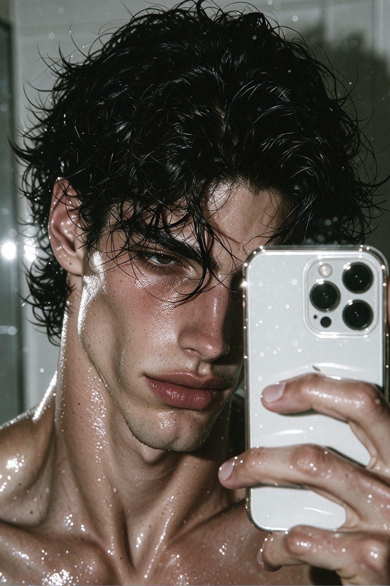 Close-up mirror selfie of an ***** male in early 2000s aesthetic. Messy textured black hair with natural volume and loose...