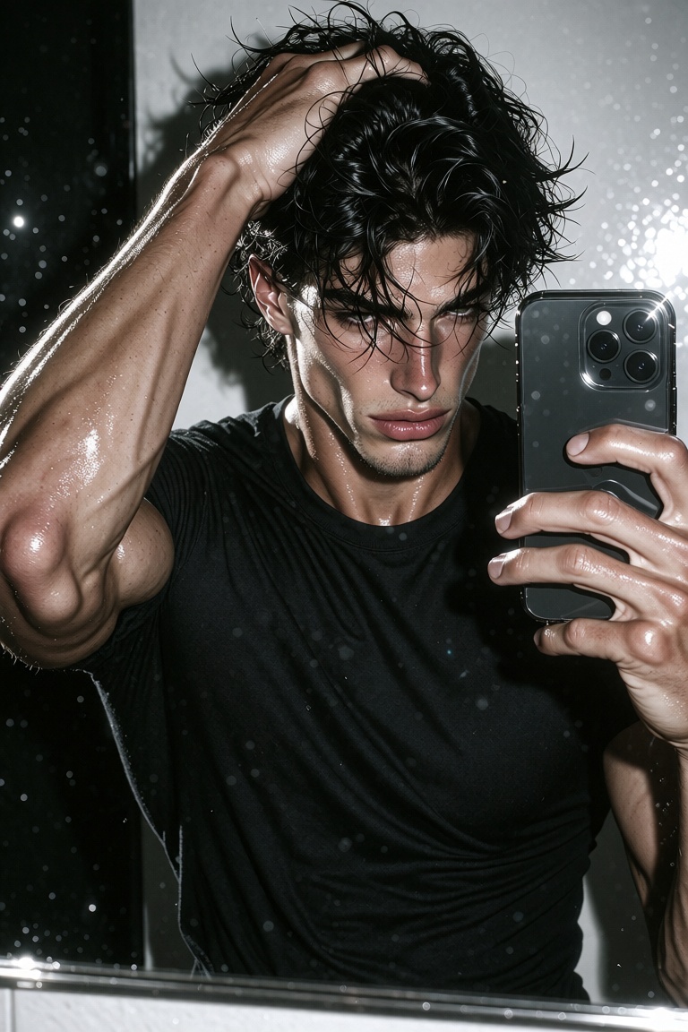 mirror picture One hand running through his hair,  elbow raised,  naturally flexing the arm and bicep. Tanned skin on Tens...