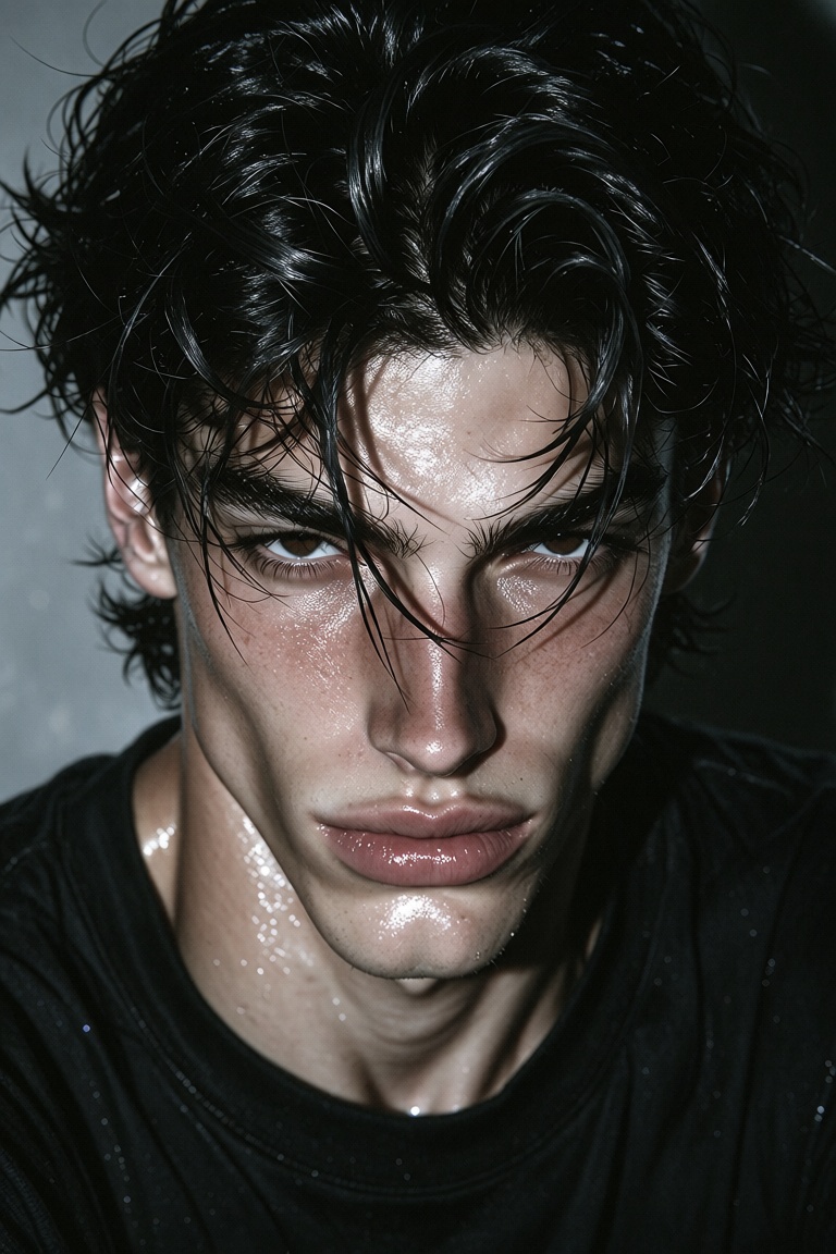 Stylized portrait of an ***** male in a dark Y2K aesthetic. Lightly tanned skin,  thick jet-black hair,  messy textured st...