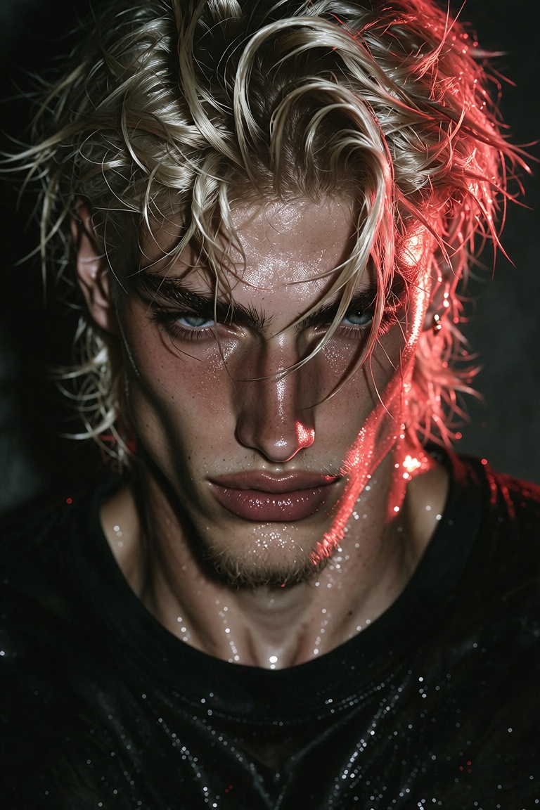 Stylized portrait of an ***** male in a dark Y2K gothic aesthetic. Fair tanned skin,  messy light-blonde hair with subtle...