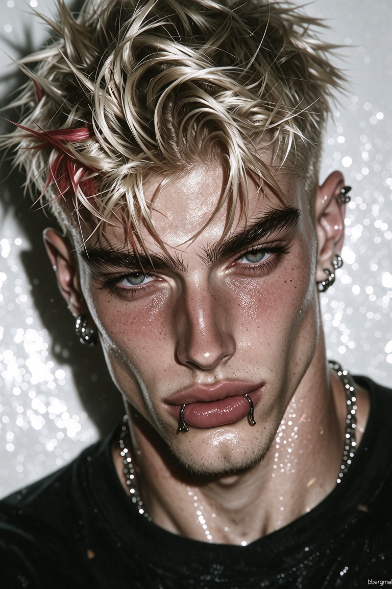 Stylized portrait of an ***** guy in the Y2K style,  2000s style. Classic American appearance with fair skin,  short spiky...