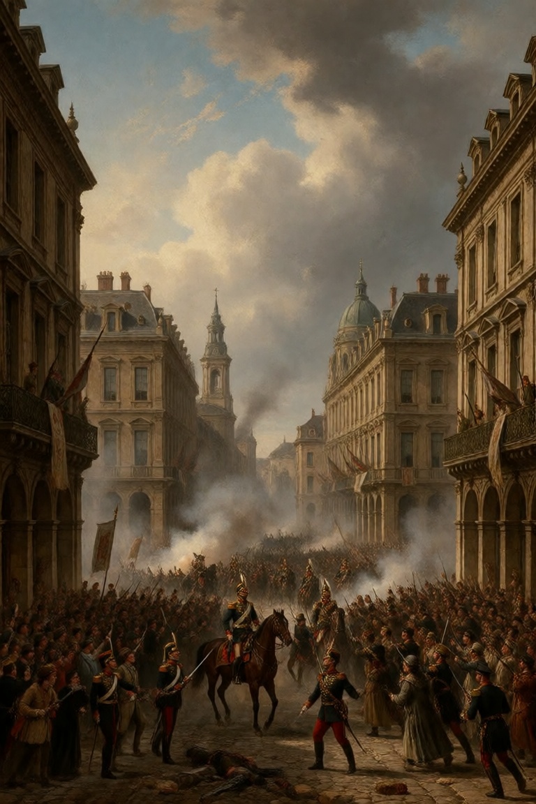 multiple people,  large historical city square during a violent uprising,  grand European-style buildings lining both side...