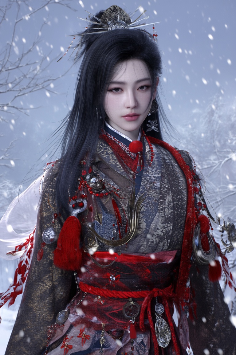 The image depicts a person dressed in traditional East Asian attire,  specifically a kimono with intricate patterns and a...