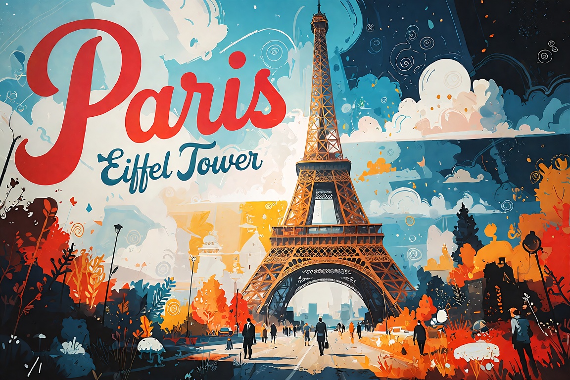 A vintage-style travel poster in an abstract surrealist style,  featuring the Eiffel Tower in Paris. The composition is vi...