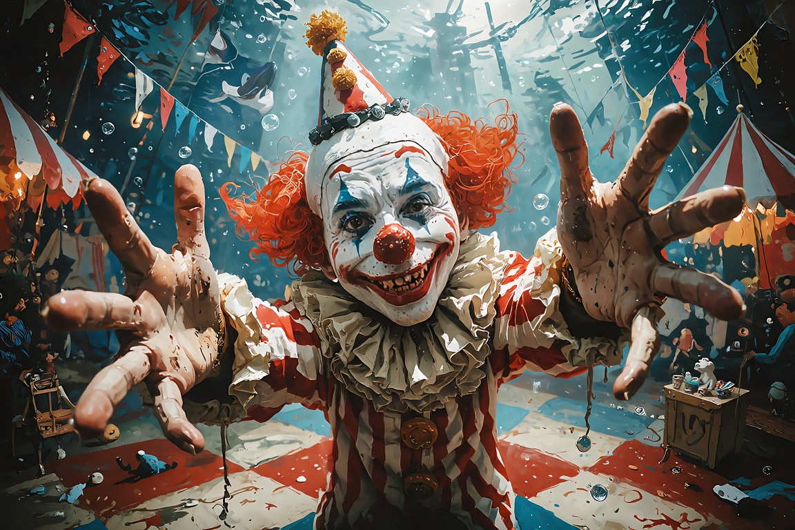 A highly detailed surrealist oil painting inspired by the 1920s. A circus clown in red,  white,  and blue reaches both nig...