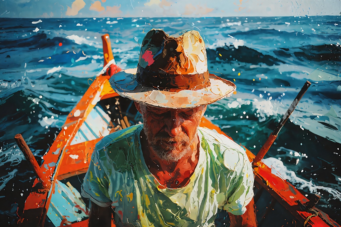 Vibrant oil hues dance across the canvas as thick impasto strokes bring to life a serene seascape: an orange boat glides e...