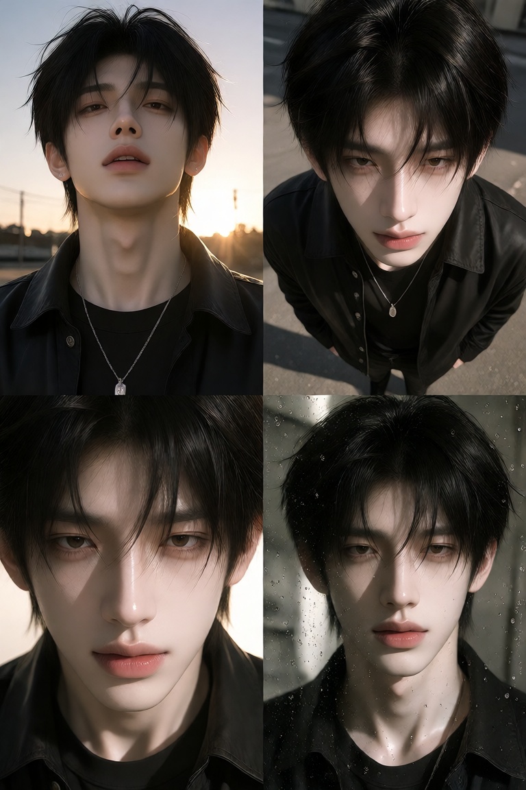 A photo grid containing 4 distinct portrait shots of a stylish East Asian male model. Featuring four impossible camera ang...