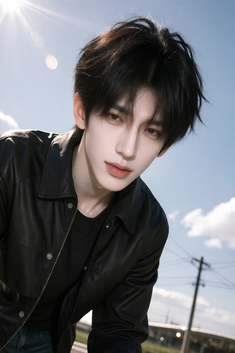 Impossible ultra-wide low-angle shot from ground level looking up at a handsome Taiwanese model leaning over the camera,...
