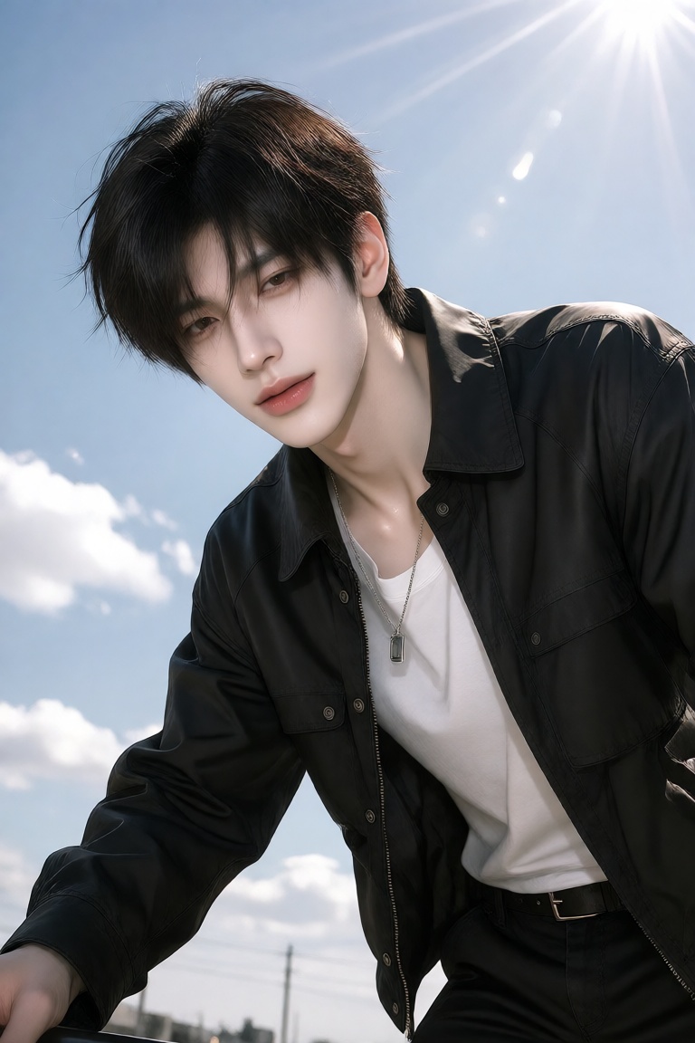 Impossible ultra-wide low-angle shot from ground level looking up at a handsome Taiwanese model leaning over the camera,...