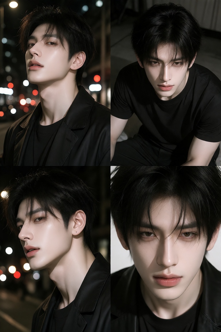 A dynamic 4-grid photo collage of a handsome Taiwanese man,  presented in one seamless image. Four distinct camera angles:...