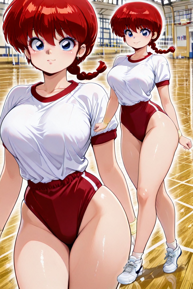 Action JUMP Bustling breasts,  tight buruma,  (Outline animation on Tensor.Art