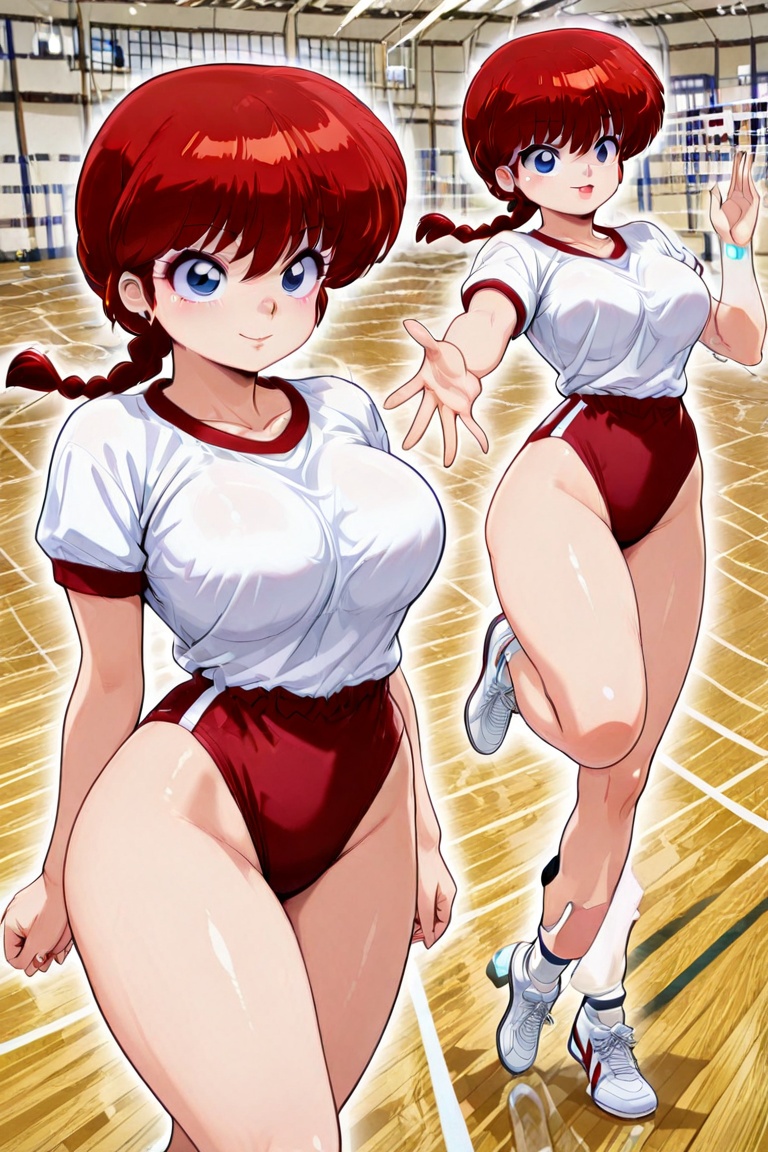 Action JUMP Bustling breasts,  tight buruma,  (Outline animation on Tensor.Art