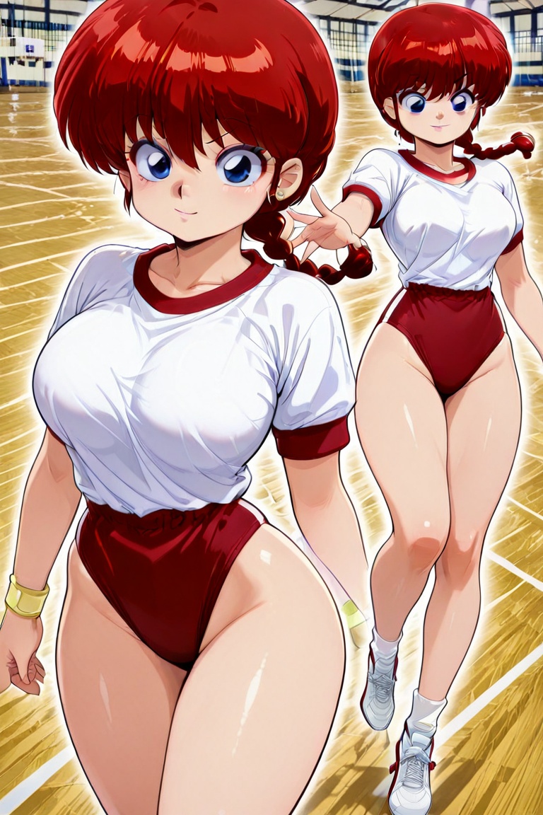 Action JUMP Bustling breasts,  tight buruma,  (Outline animation on Tensor.Art