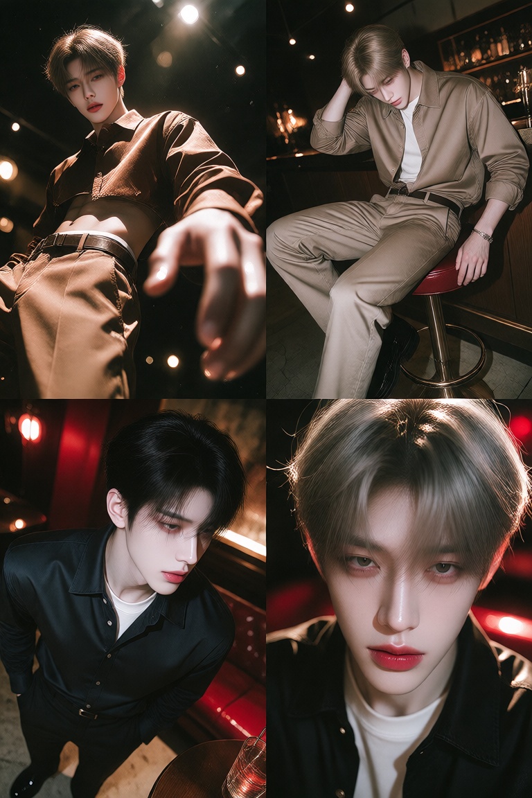 grid of 4 split perspective shots,  1boy,  handsome Chinese luxury model on Tensor.Art