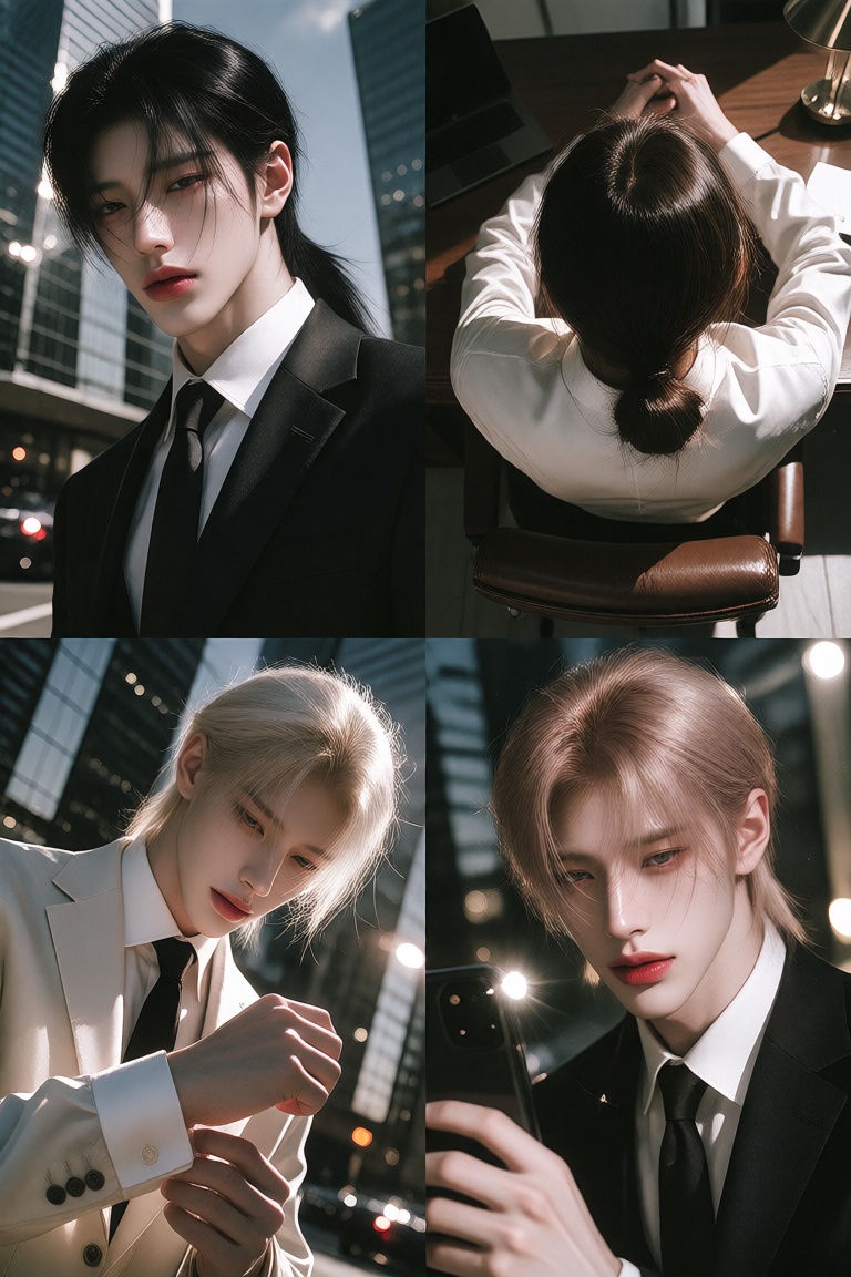 2x2 photo collage grid,  1boy,  handsome long-haired Korean CEO on Tensor.Art