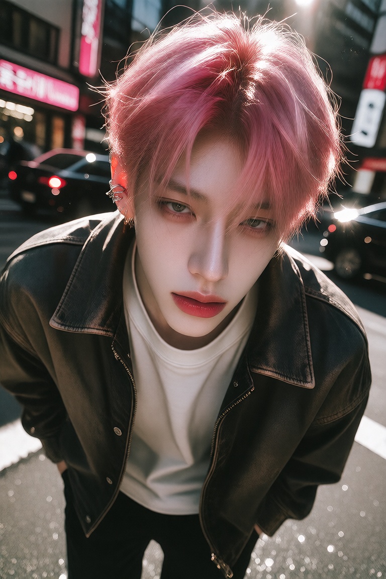 1boy,  handsome Japanese streetwear model,  neon pink textured short crop haircut on Tensor.Art