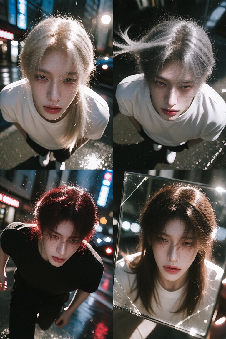 2x2 grid collage,  4 photos of 1boy,  handsome long-haired Korean actor on Tensor.Art