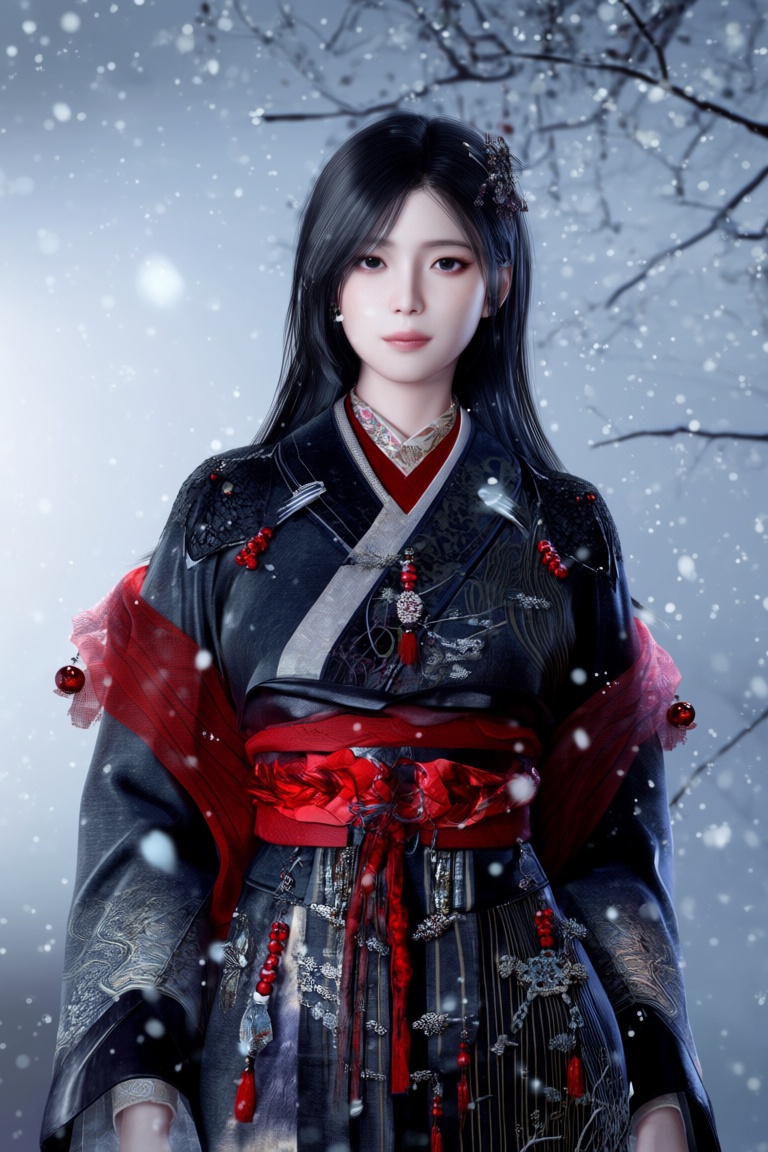 The image depicts a person dressed in traditional East Asian attire,  specifically a kimono with intricate patterns and a...