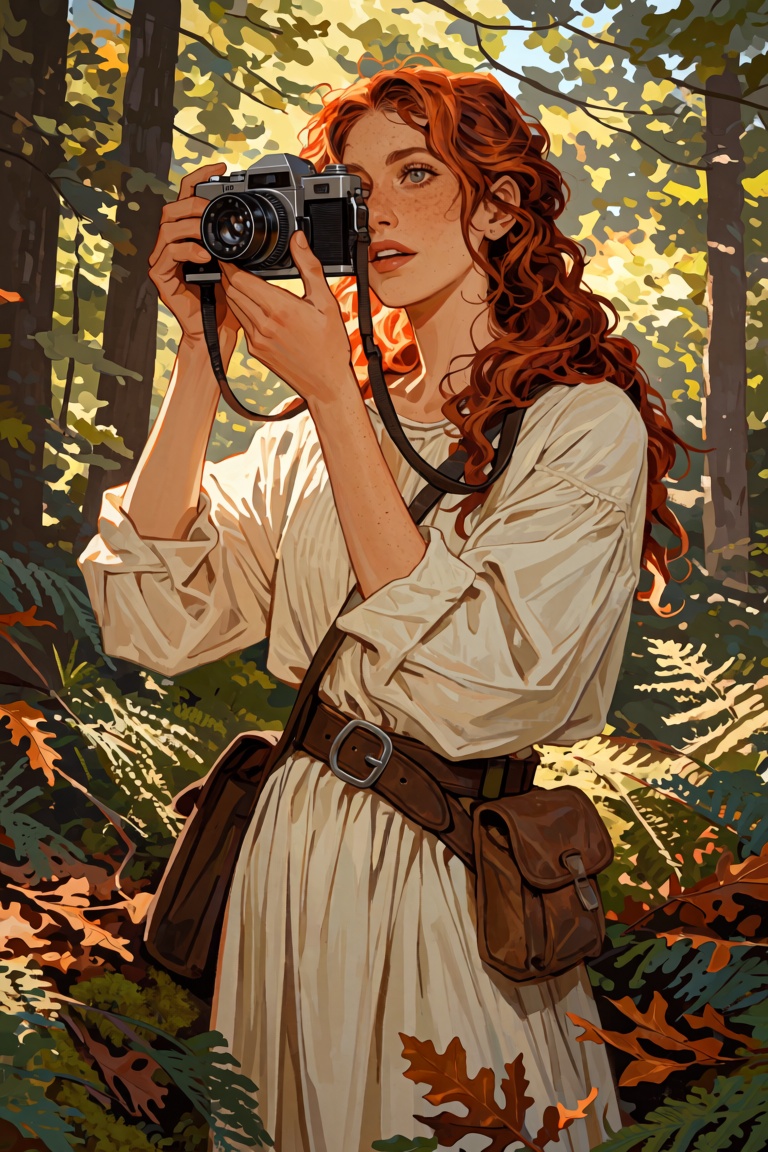 red-haired woman with wavy,  messy hair,  wearing a flowy white linen dress and a brown leather utility belt around her wa...