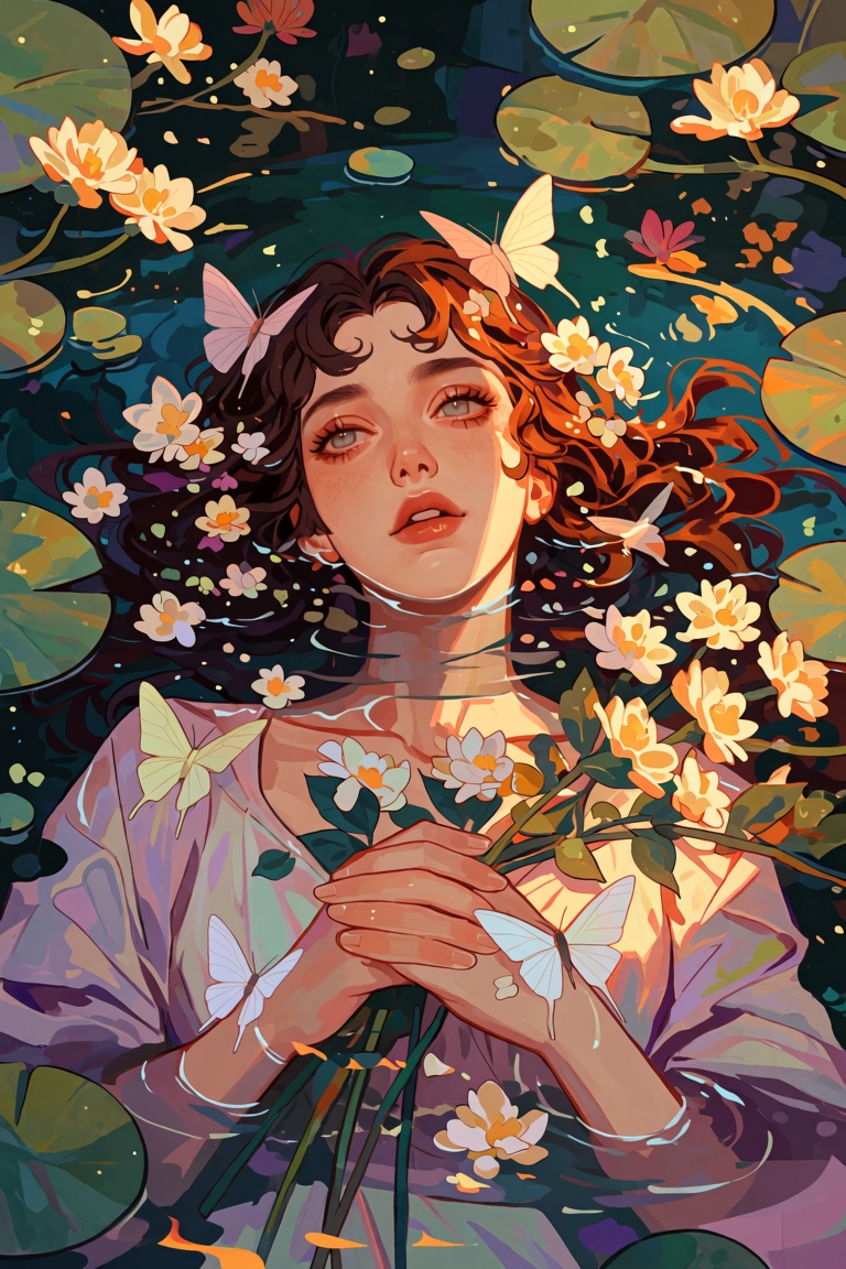 a young woman floating face-up in a dark reflective pond,  surrounded by lily pads and clusters of golden yellow water flo...