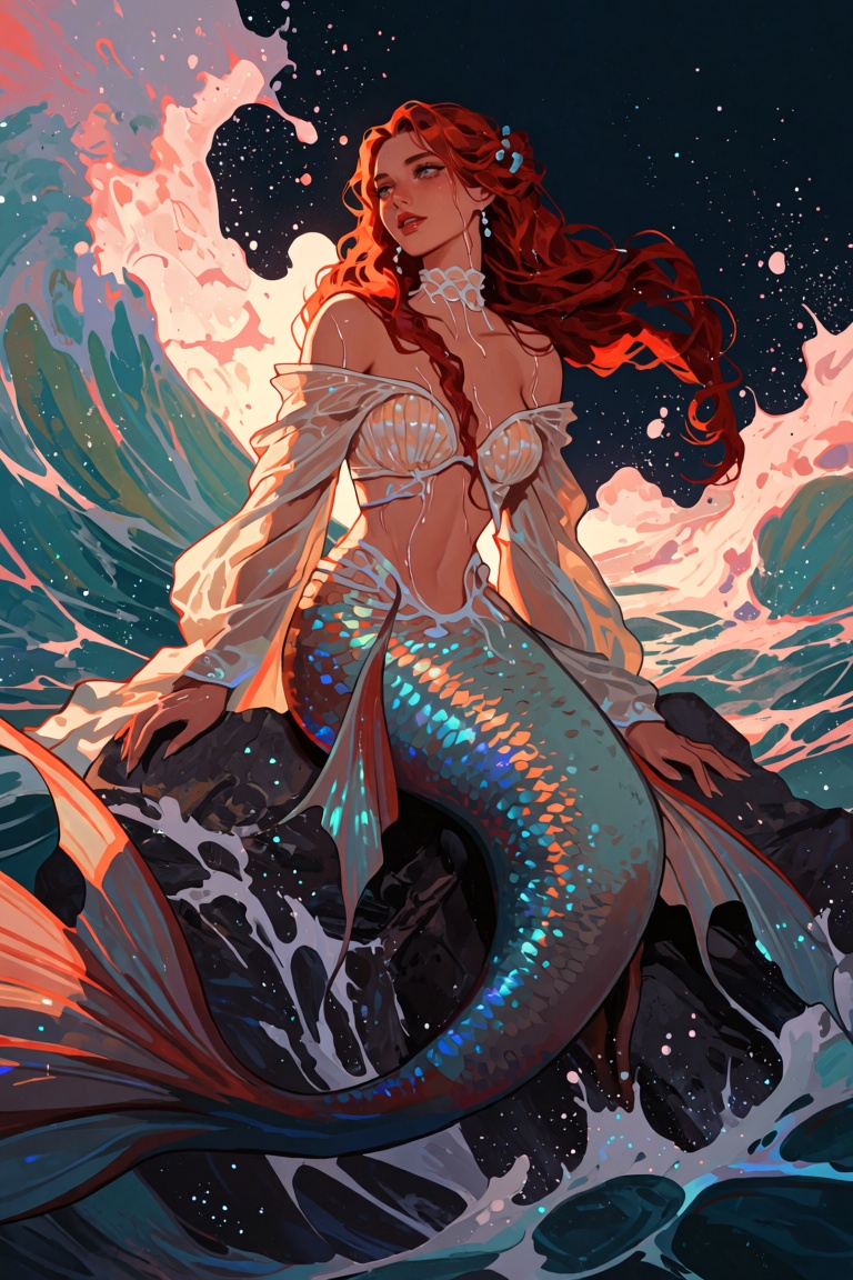 A luminous fantasy scene of a red haired mermaid perched on jagged black rocks,  dramatic ocean waves exploding around her...