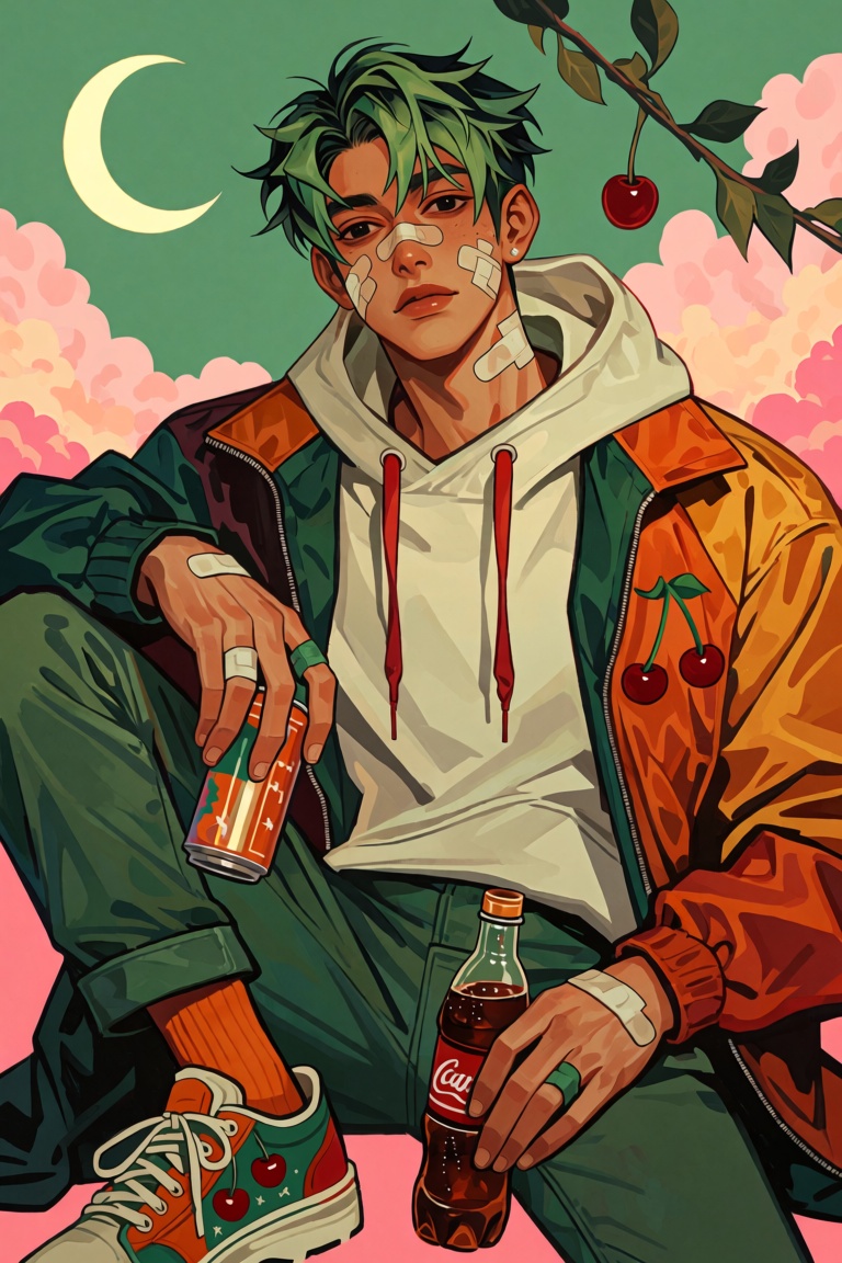 A young man with green hair is wearing a hoodie and multicolored jacket. He has black eyes,  a bandage on his face,  and a...