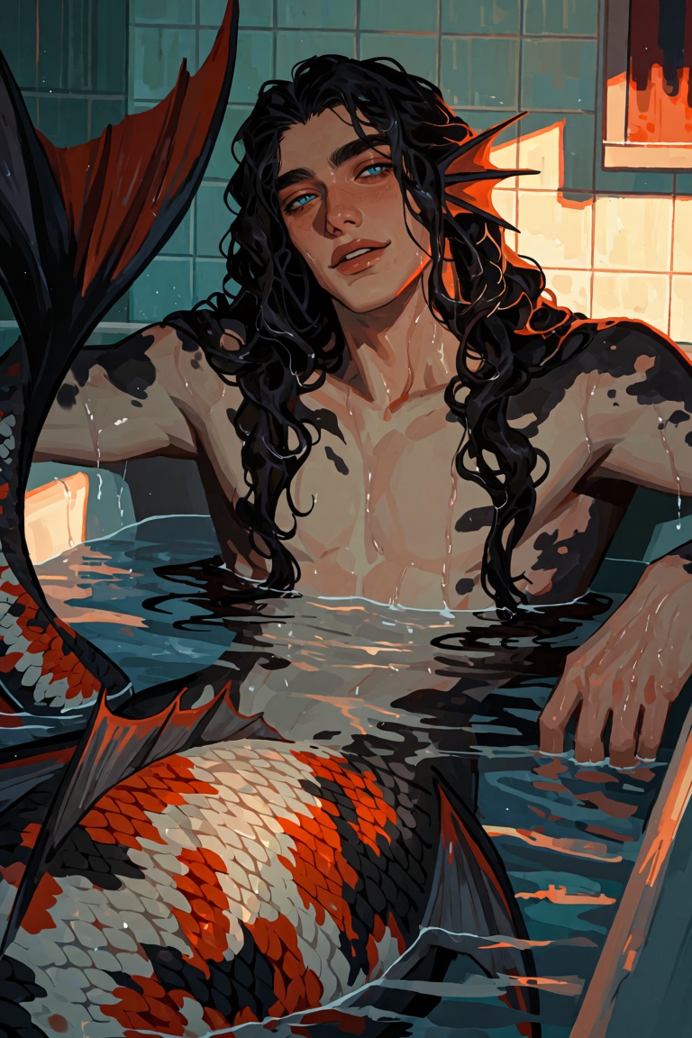 A young man with black hair and blue eyes is depicted in the bathtub. His curly locks are long and wet,  contrasting with...