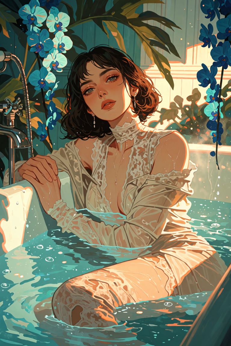 A young woman is reclining in a vintage white bathtub filled with turquoise water,  with slight ripples and small bubbles....
