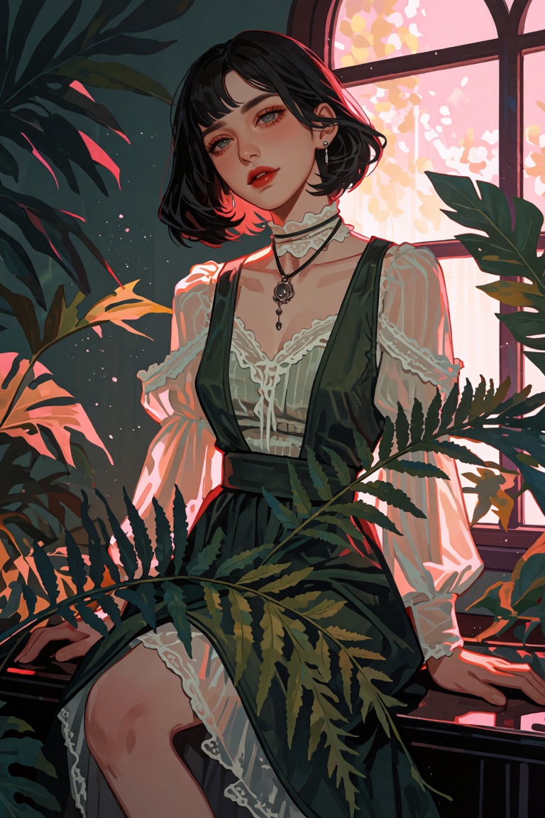 A girl with short,  black hair in a natural bob cut stands in front of a window. Her pale,  soft skin is adorned with a su...