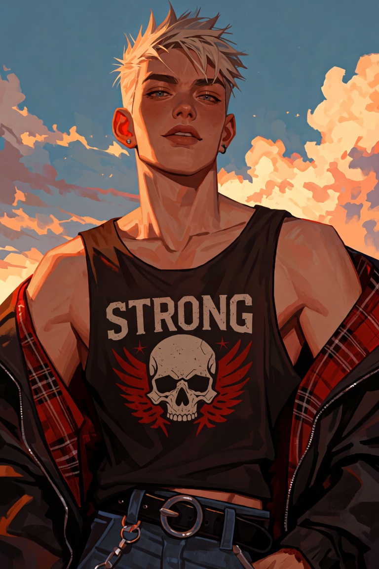 a young man with short,  spiked blonde hair and a confident expression. He is wearing a sleeveless black **** top with the...