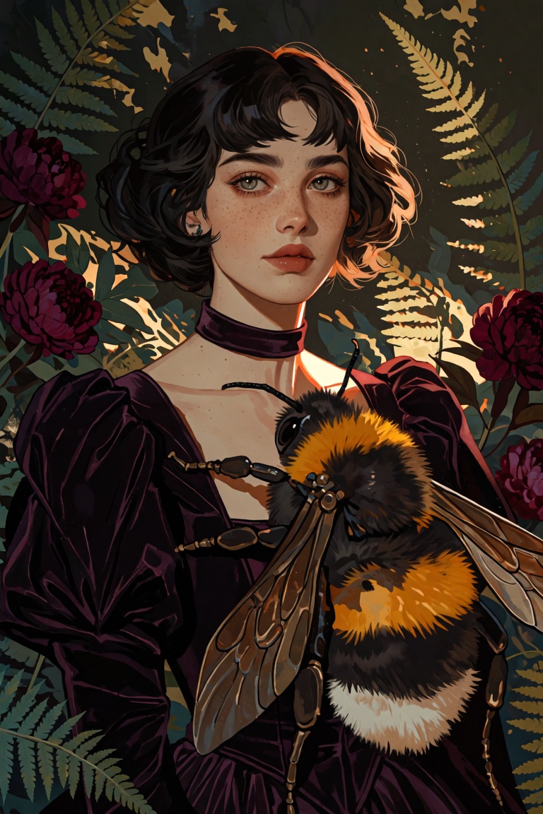 A haunting,  Victorian portrait of a young woman with short wavy dark hair and soft bangs,  pale freckled skin on Tensor.Art