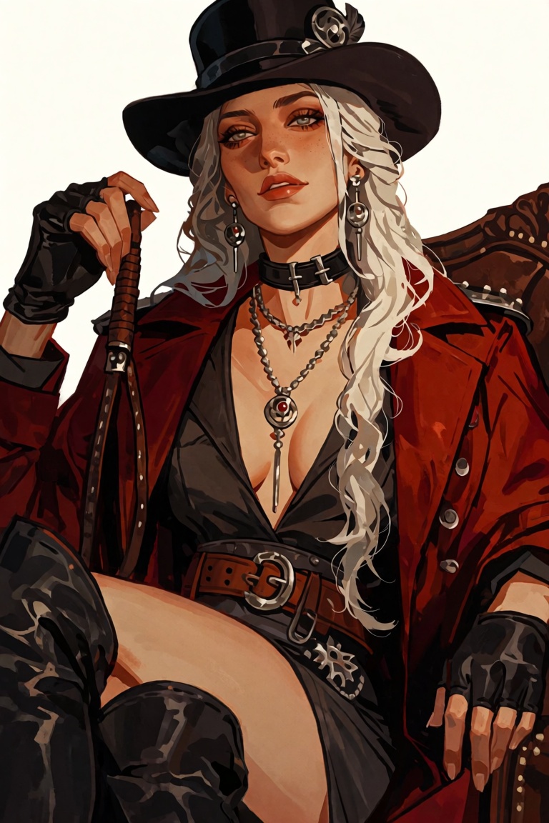 A woman is depicted wearing a hat and jewelry,  seated with boots and gloves. She has earrings,  a necklace on Tensor.Art