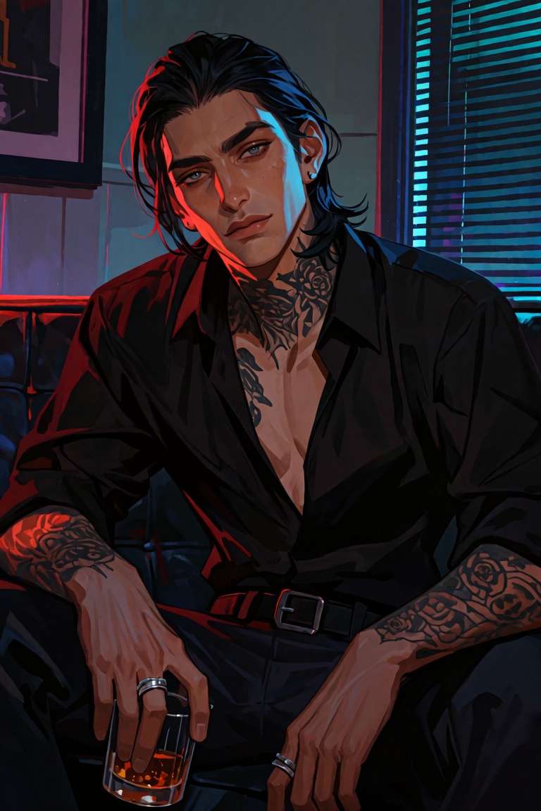 A man with dark hair slicked back sits on a black leather couch in a dimly lit room. Intricate tattoos cover his neck and...