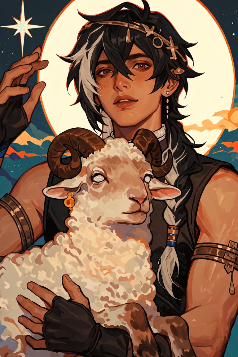 A young man stands with a lamb in his arms. He has black hair and brown eyes,  with one eye being a different color. The l...