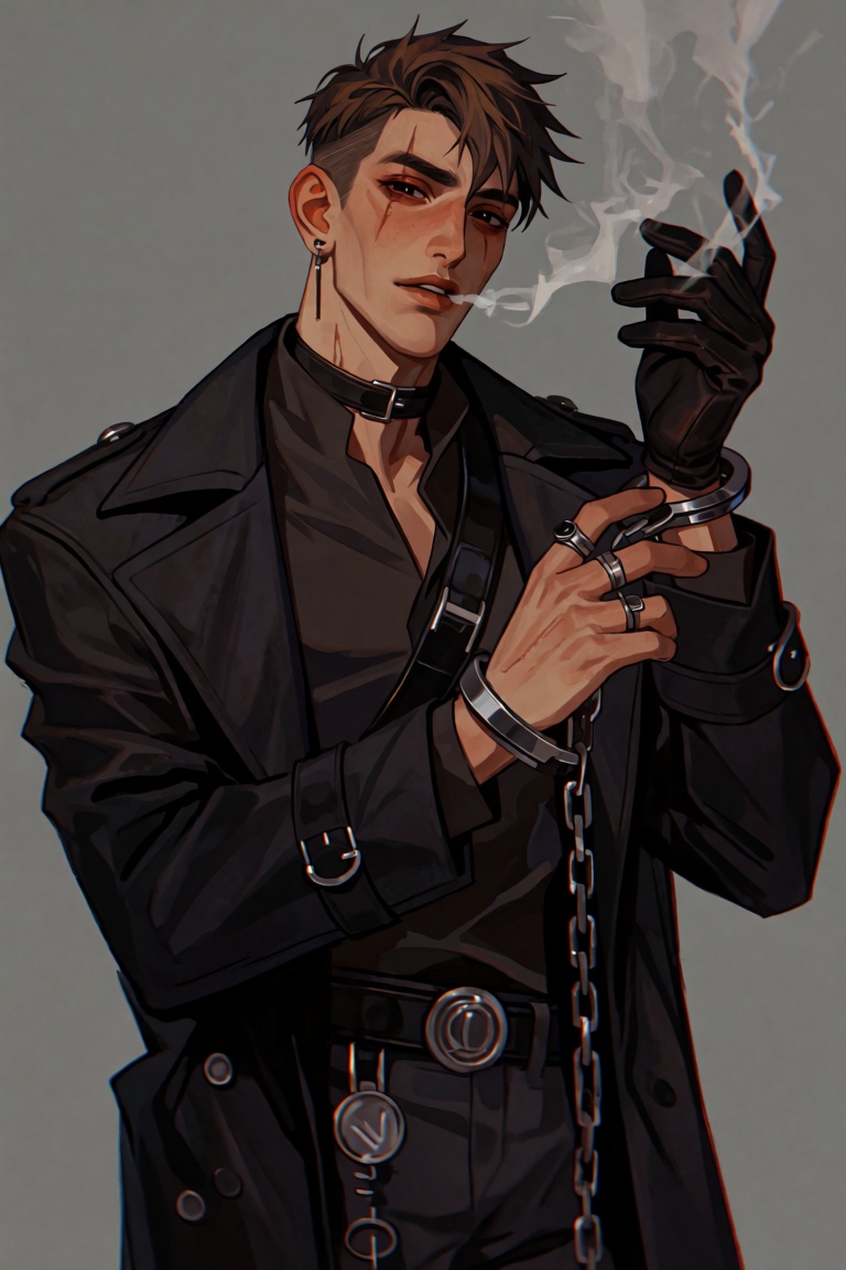 A man stands against a gray backdrop,  dressed in a black coat with cuffs,  a black shirt on Tensor.Art
