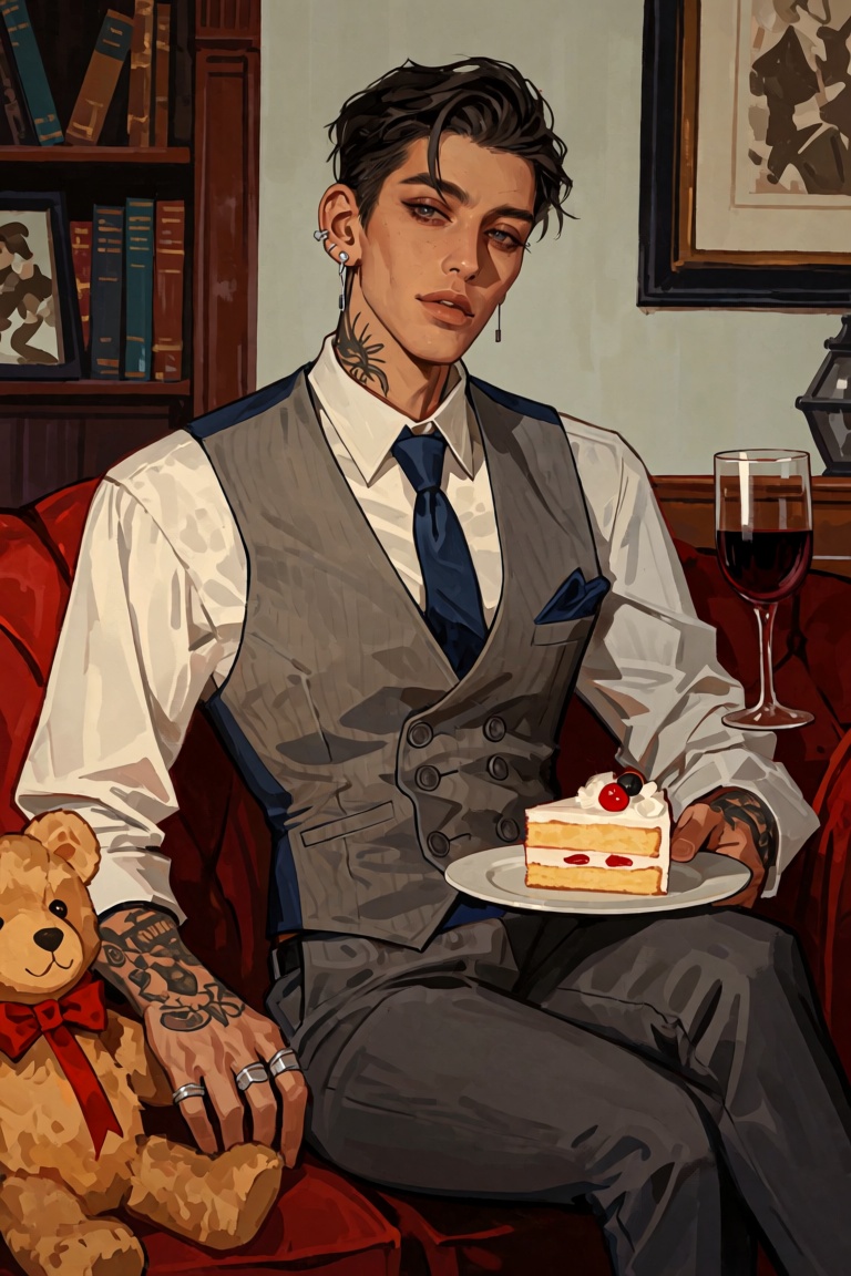 a young man sitting on a red sofa,  dressed in a formal grey vest,  white shirt on Tensor.Art