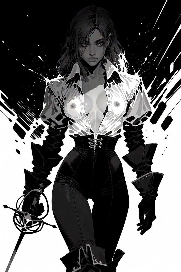 A highly detailed image of a young female musketeer with long,  dark blond,  tousled hair and intense on Tensor.Art