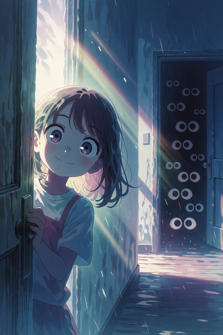 A girl with medium shoulder-length hair peeks from behind a doorframe on the left. She has large,  wide-open eyes with rin...