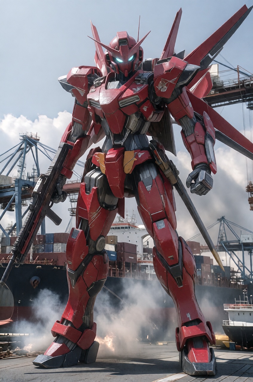 A gigantic red humanoid mechanical suit stands amidst a bustling shipping port,  towering far above massive cargo ships an...