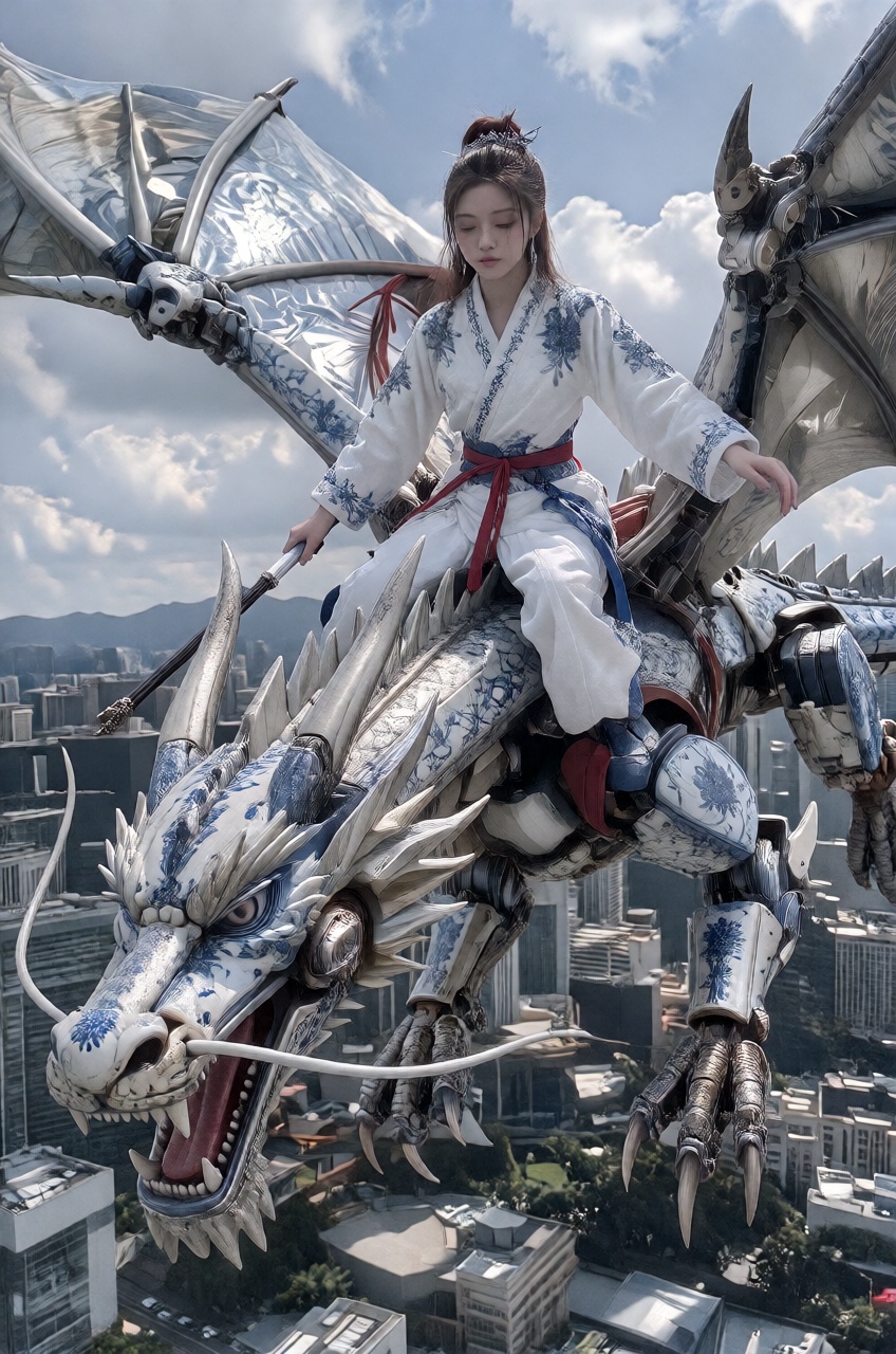A young woman wearing traditional white and blue garments with red accents sits atop a grand mechanical dragon soaring hig...