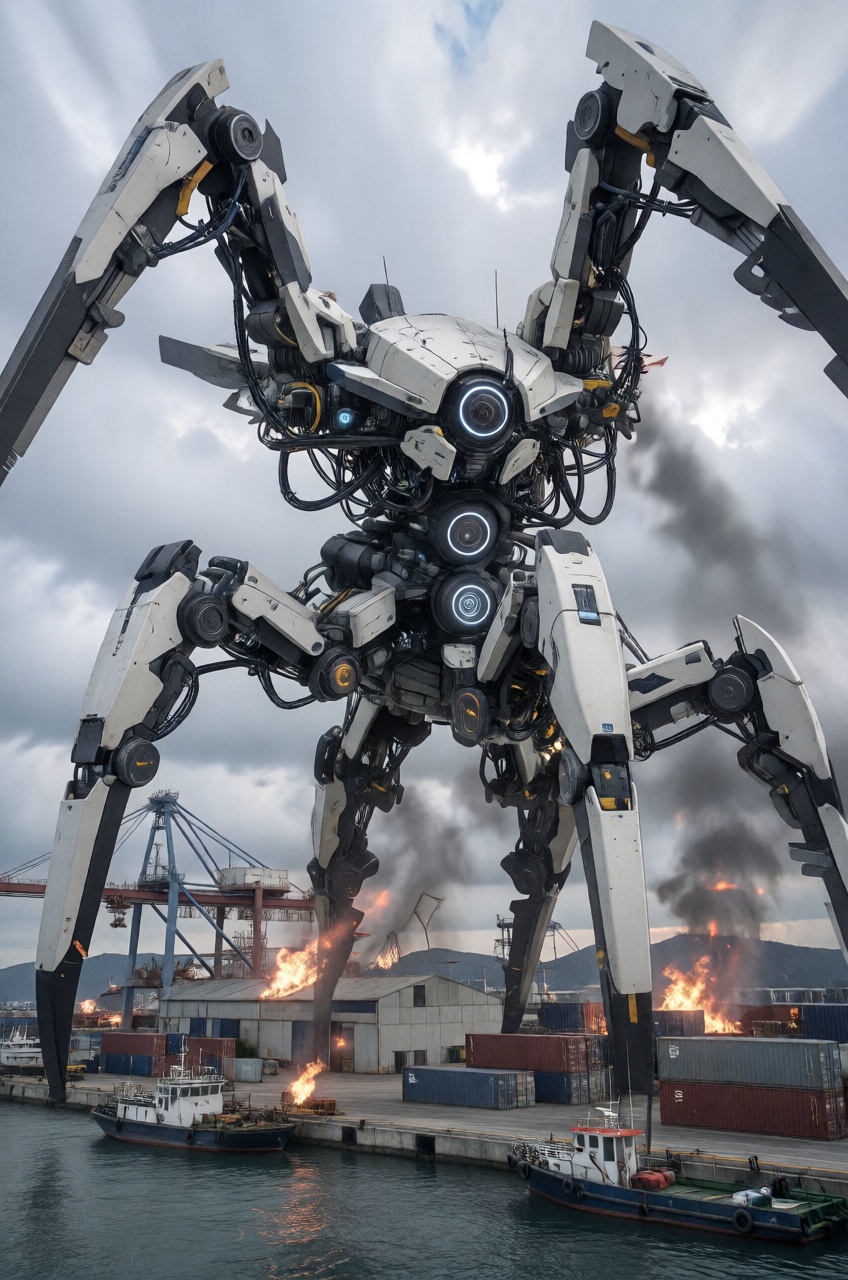 A colossal spider like mechanical suit towers over an industrial shipping port under a overcast sky. The white and black m...
