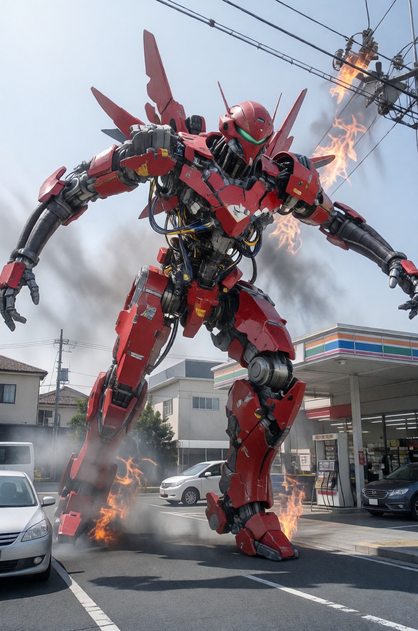 A giant red mechanical suit strides aggressively through a suburban street next to a gas station and a convenience store....