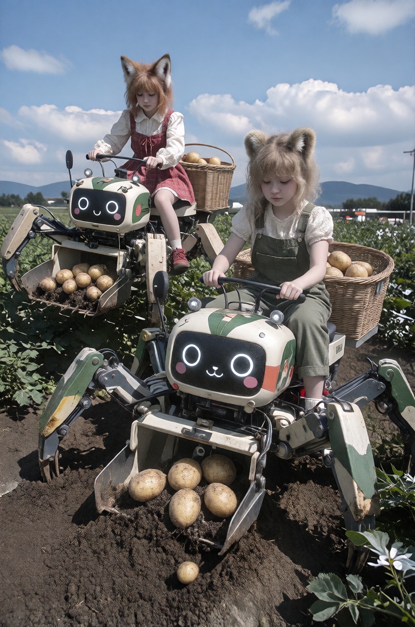 Two young characters with animal ears—one with fox ears in a red dress and another with bear ears in green overalls—pilot...
