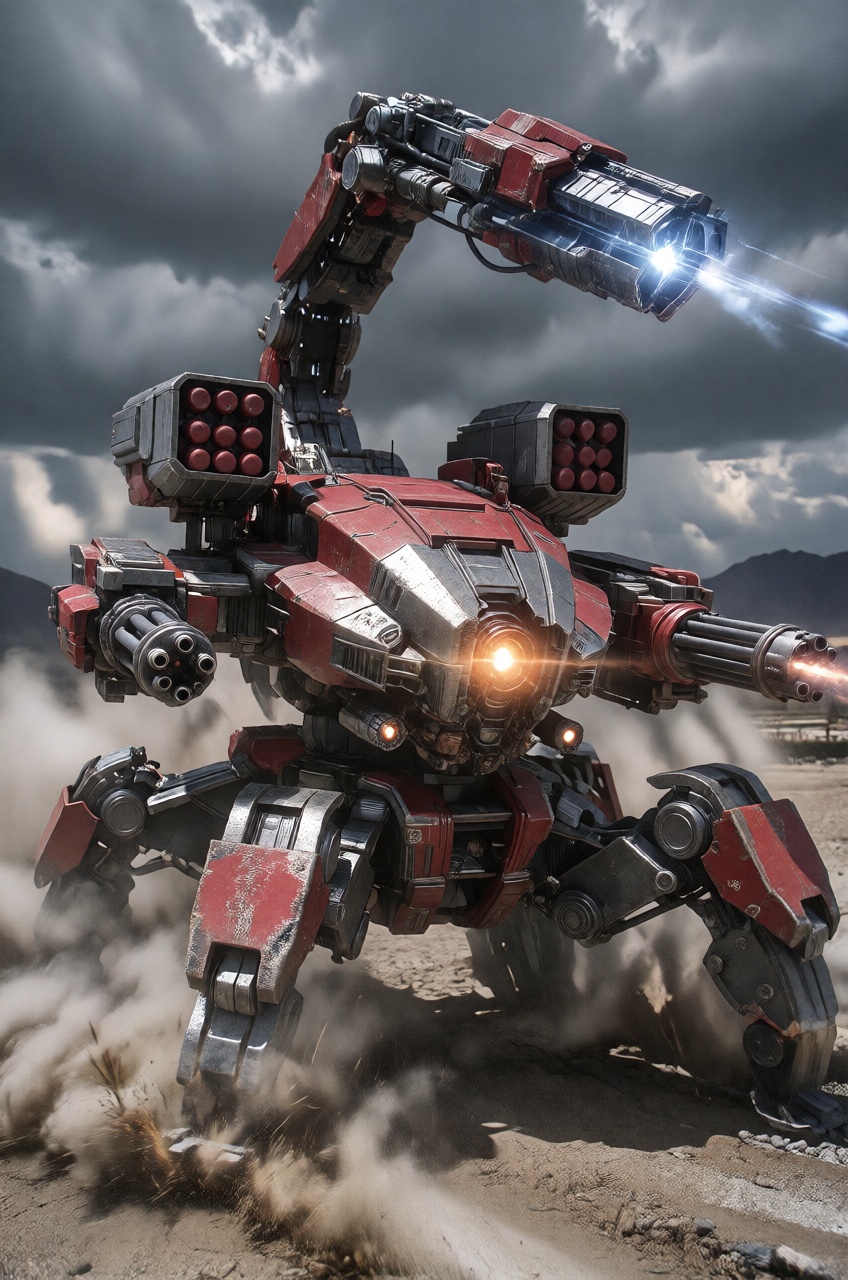 A massive,  heavy-duty robotic scorpion-like vehicle kicks up clouds of dust as it maneuvers across an arid desert environ...