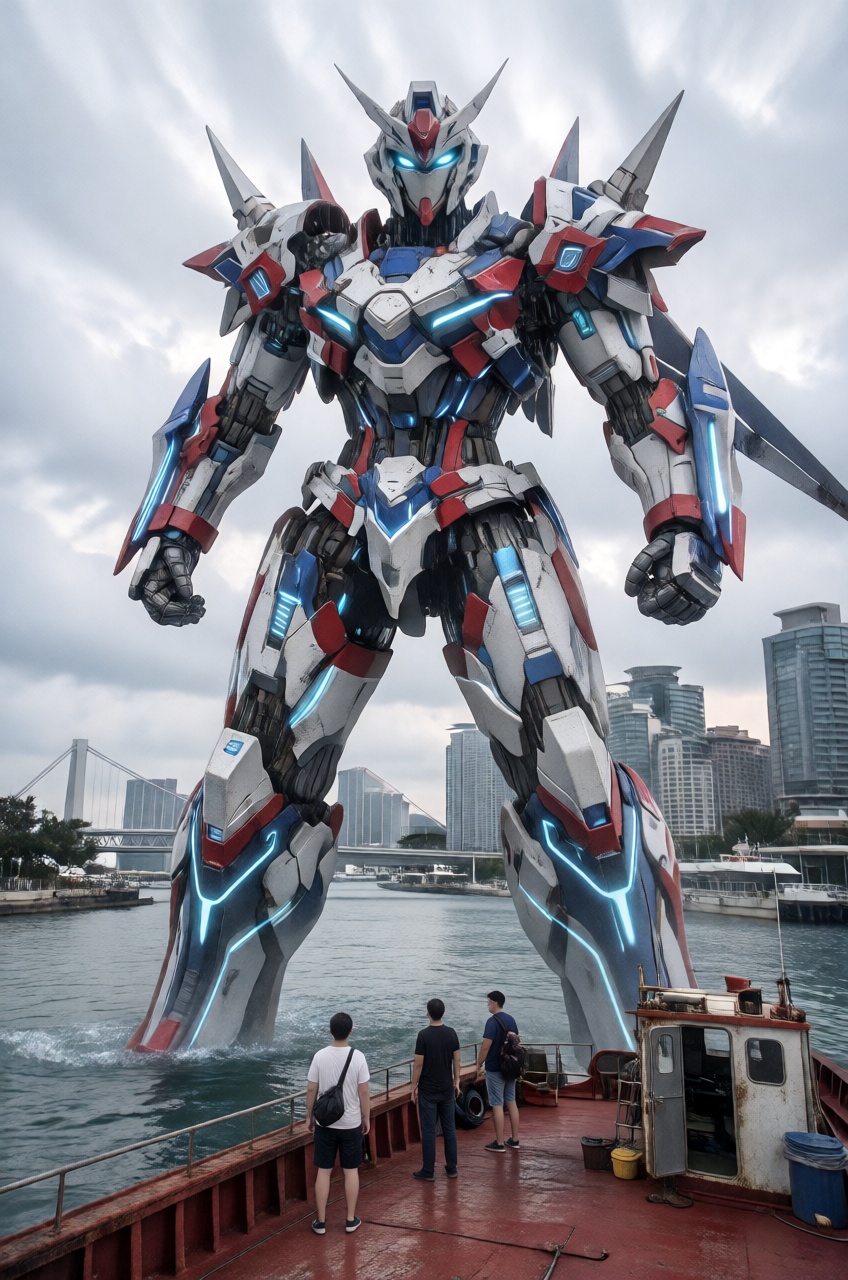 A colossal white,  red,  and blue armored suit stands in a coastal waterway on Tensor.Art