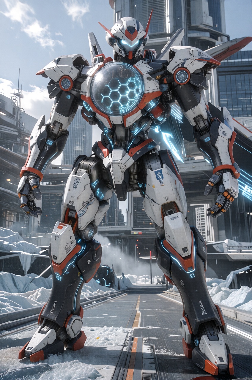 A towering,  futuristic humanoid mecha stands dominant against a backdrop of icy terrain and massive,  hyper-modern skyscr...