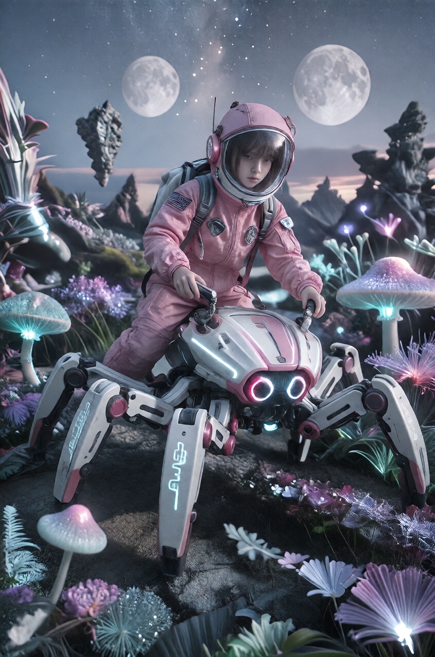 A young girl clad in a light pink spacesuit controls a mechanical spider vehicle traversing an alien landscape. The six-le...