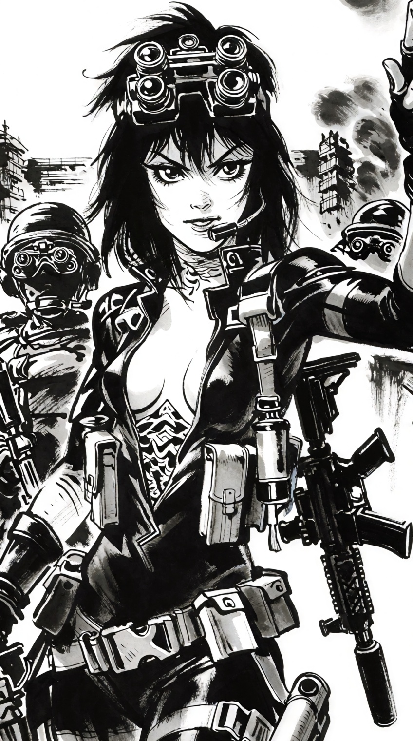 A high-contrast monochrome ink illustration featuring a rebellious female cyberpunk operative in dynamic close-up. She pos...