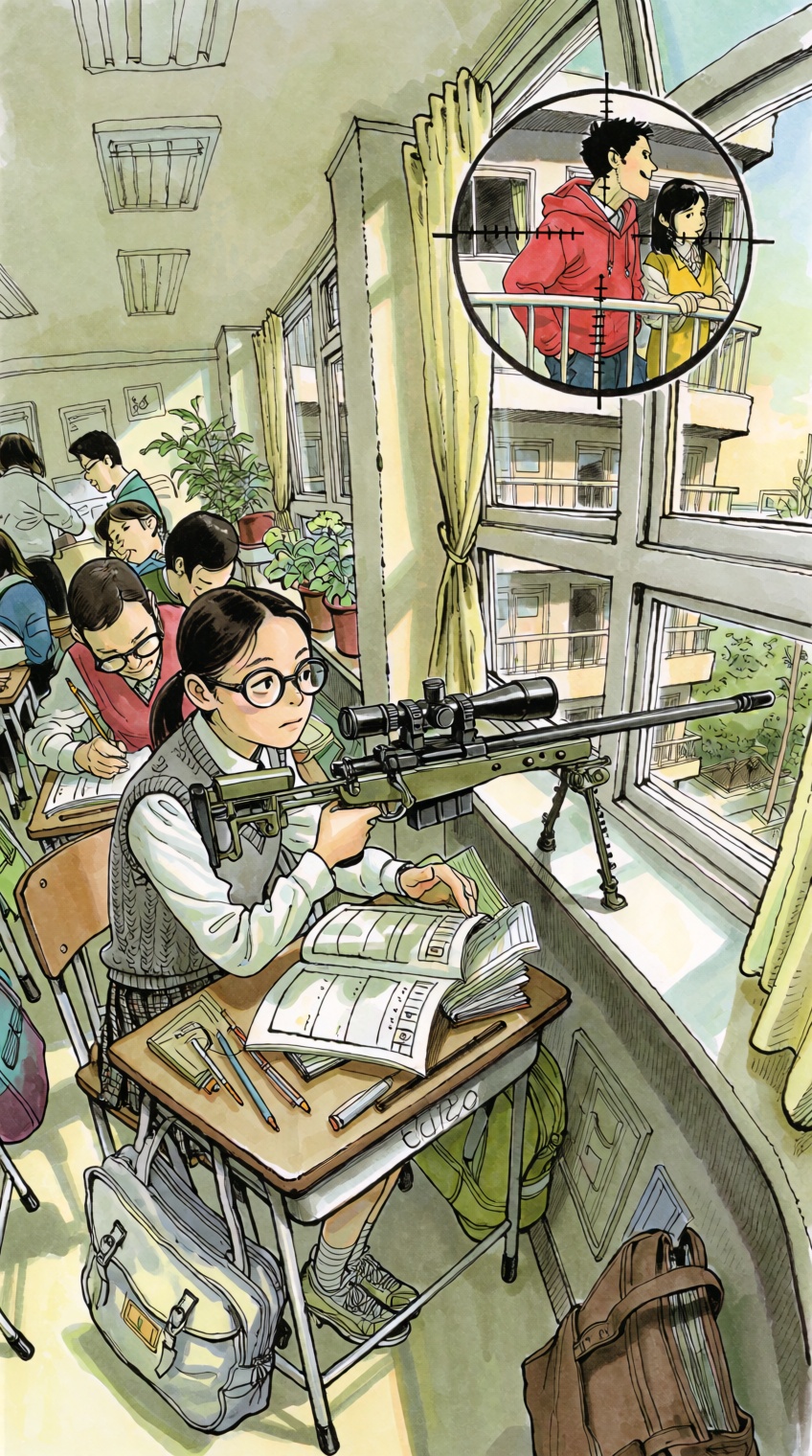 A darkly humorous narrative illustration rendered in a dynamic curvilinear fisheye perspective within a sunlit high school...
