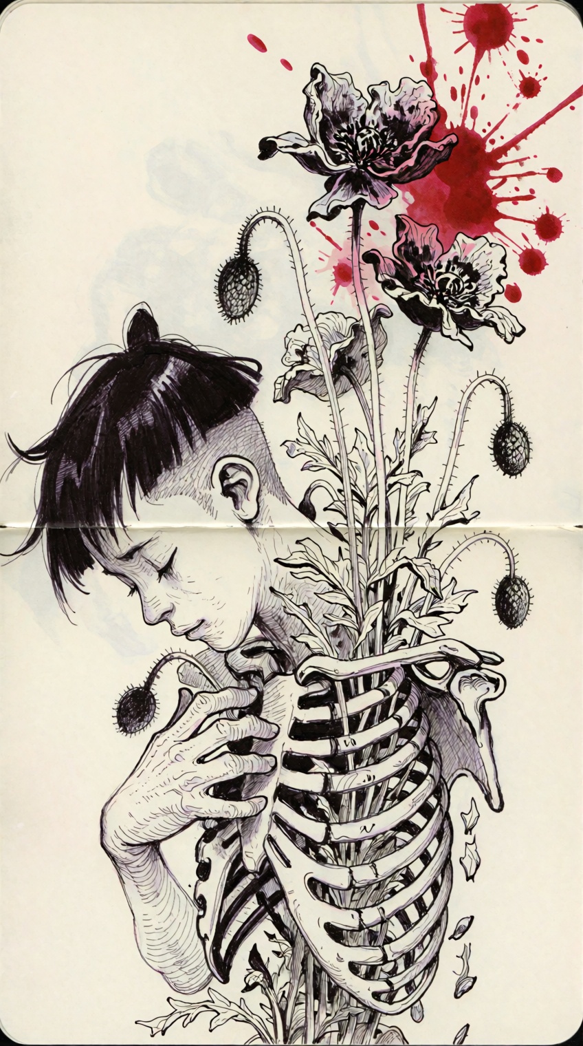 A haunting dark-surrealist illustration across an open two-page sketchbook spread depicting a young figure enduring a visc...